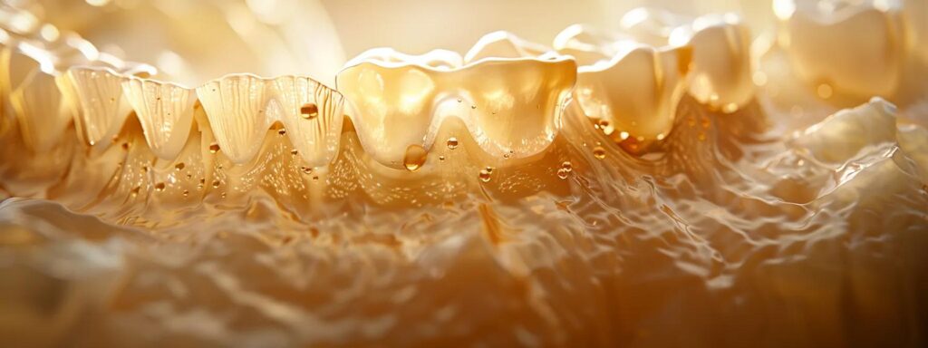 a striking close-up of a dental implant glistening under bright clinical lighting, contrasted with a traditional denture set against a soft-focus background, illustrating the advancement in dental technology.