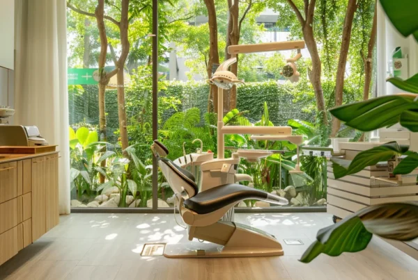 a serene dental clinic, bathed in natural light with lush greenery visible through large windows, showcasing advanced, eco-friendly dental equipment that embodies the principles of biological dentistry.