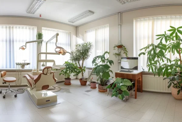 a striking juxtaposition of a serene, natural dental clinic adorned with lush greenery on one side and a stark, sterile traditional dental office filled with bright fluorescent lights on the other, emphasizing the contrast between biological dentistry and traditional practices.