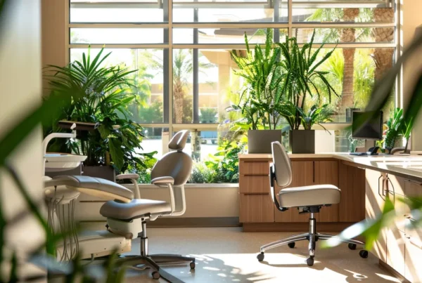a vibrant, inviting dental office filled with lush green plants and sunlight streaming through large windows, highlighting a serene atmosphere dedicated to holistic dental care.