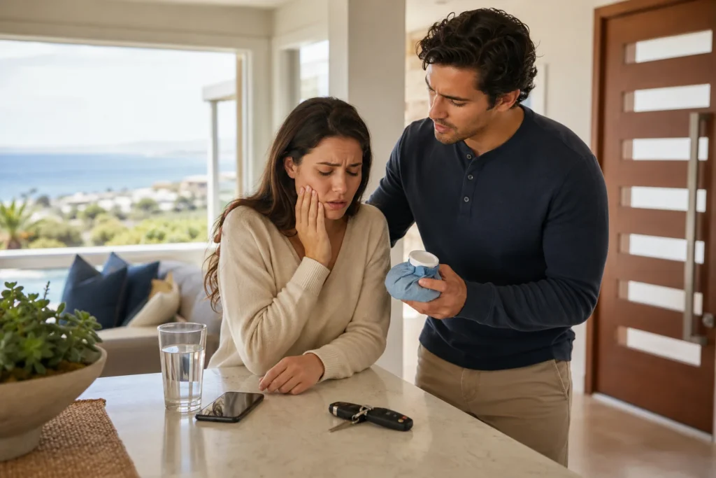 Woman with tooth pain holding jaw while partner offers ice pack before calling emergency dentist in Laguna Niguel CA
